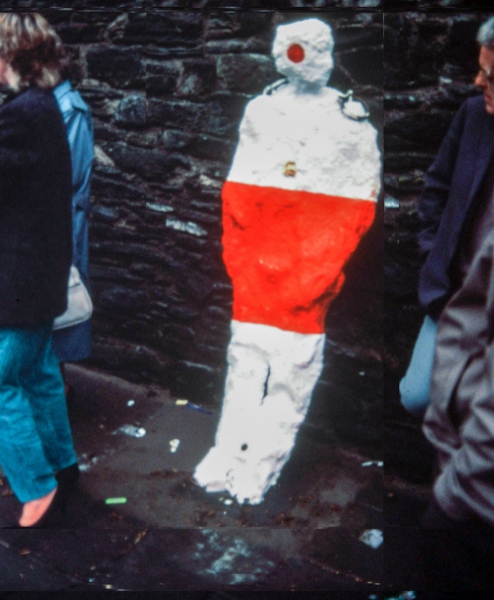 In Their Place (1986) City walls, Derry. Nine life size figures. Re-inforced concrete, paint, reflectors, metal rings. Guildhall Square bustop figure