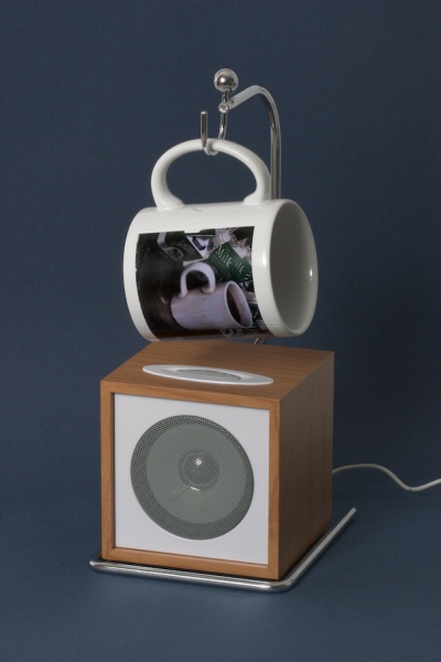 Locky Morris Teabreakdowns &amp;nbsp;(2007 reconfigured 2016) (detail) Printed mug, clock radio speaker, metal stand, A4 show-cards, artists&amp;rsquo; studio table, audio loop