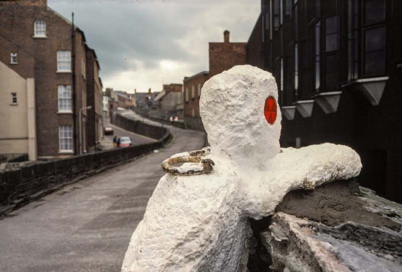 In Their Place (1986) City walls, Derry. Nine life size figures. Re-inforced concrete, paint, reflectors, metal rings. Magazine gate figure