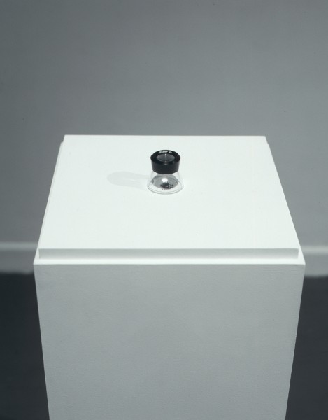 Itch (1999) 88 x 34 x 34 cm. Magnifier Lupe 8x, scrapings from a lottery scratch card, plinth